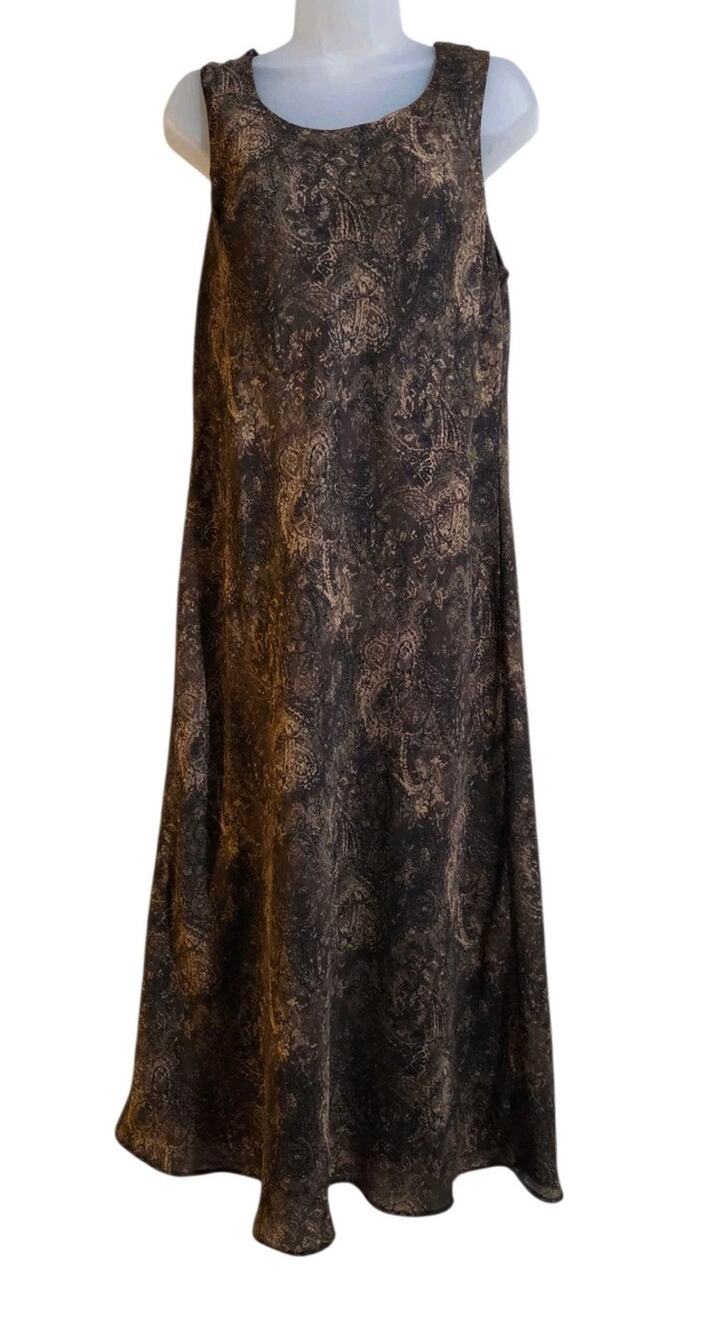 Studio I Vintage Y2K Black Floral Brown Tan Bkack Midi Dress Women's 14 Romantic